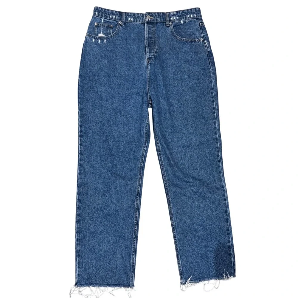 MESHKI Distressed High Rise Straight Leg Jeans Women's Denim Full Button Accents